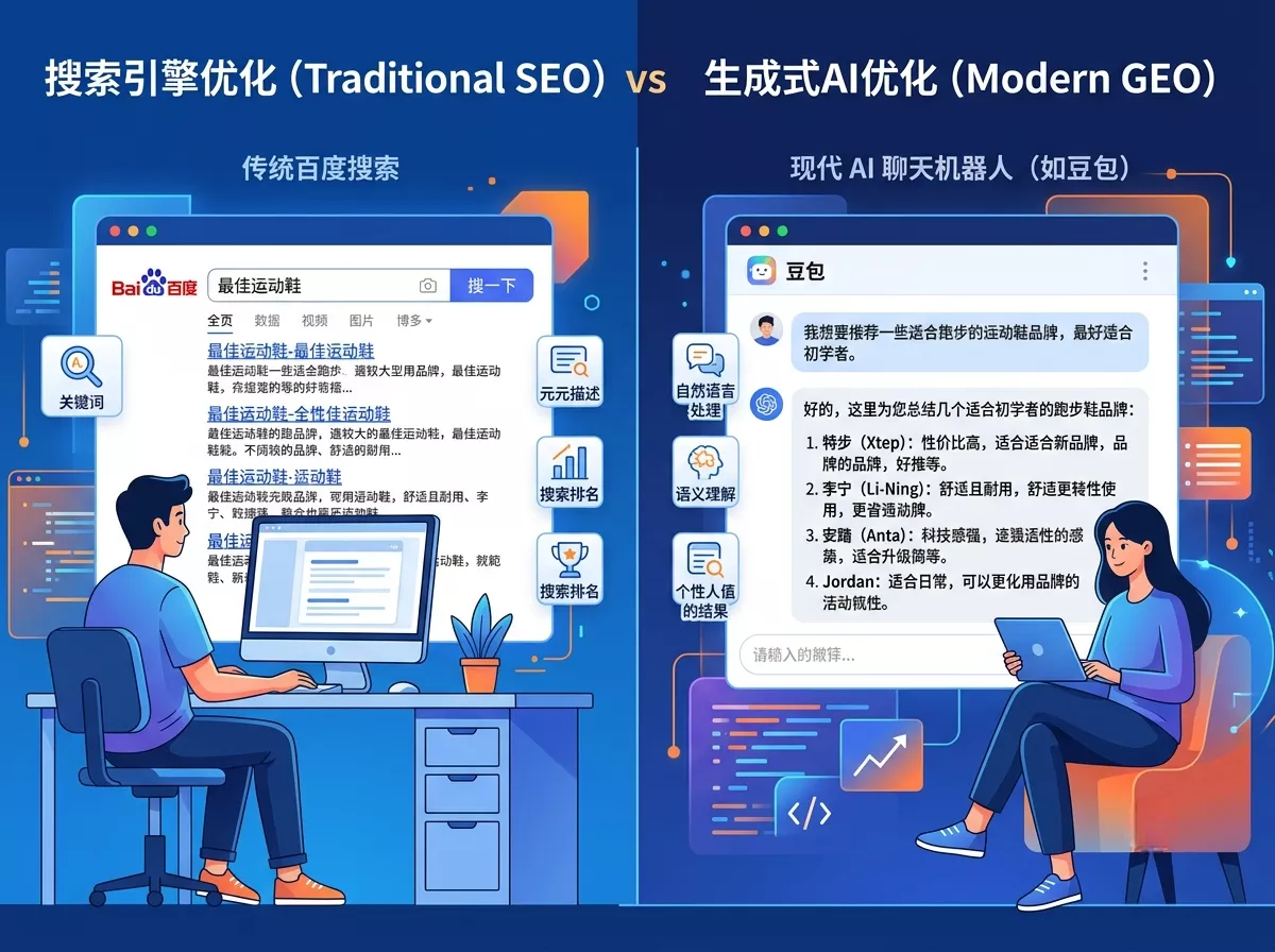 传统SEO关键词排名与GEO生成式AI推荐答案的对比示意图.webp