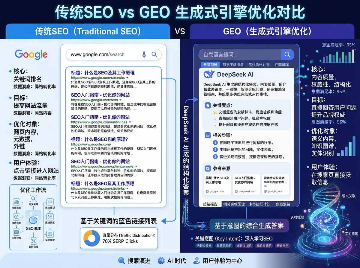 传统SEO与DeepSeek GEO生成式引擎优化核心区别对比图.webp